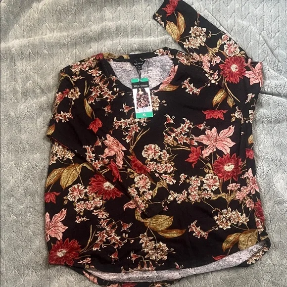 Well Worn Black Floral Long-Sleeve Top with Red, Pink & Gold Accents - Picture 1 of 3